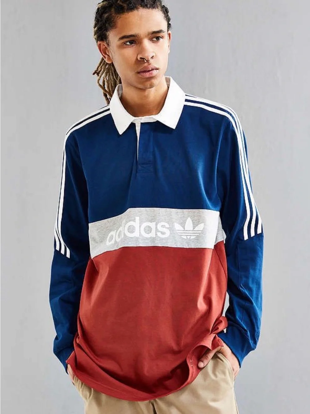 Adidas Mens Skateboarding Nautical Colorblock Rugby Long Sleeve Polo M Blokecore